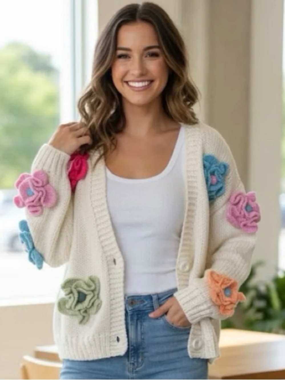 Dreamers by Debut 3D Knitted Flower Cardigan in Cream Size S